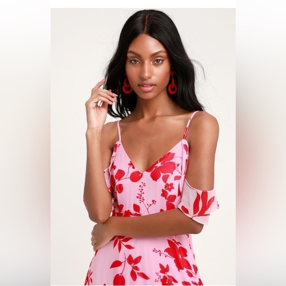 Lulus Valorous Vera Pink Floral Print Midi Dress Size Medium - Picture 4 of 12